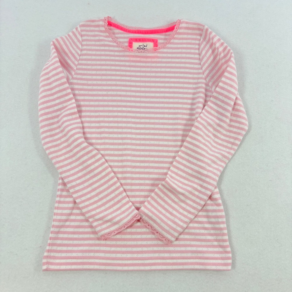 Mini Boden Top Kids 9-10Y Pink White Striped Lace Trim Pointelle Long Sleeve